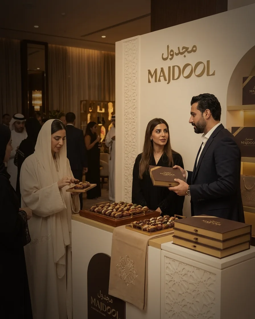 A Majdool gift box presented to a guest at a branded event stand.