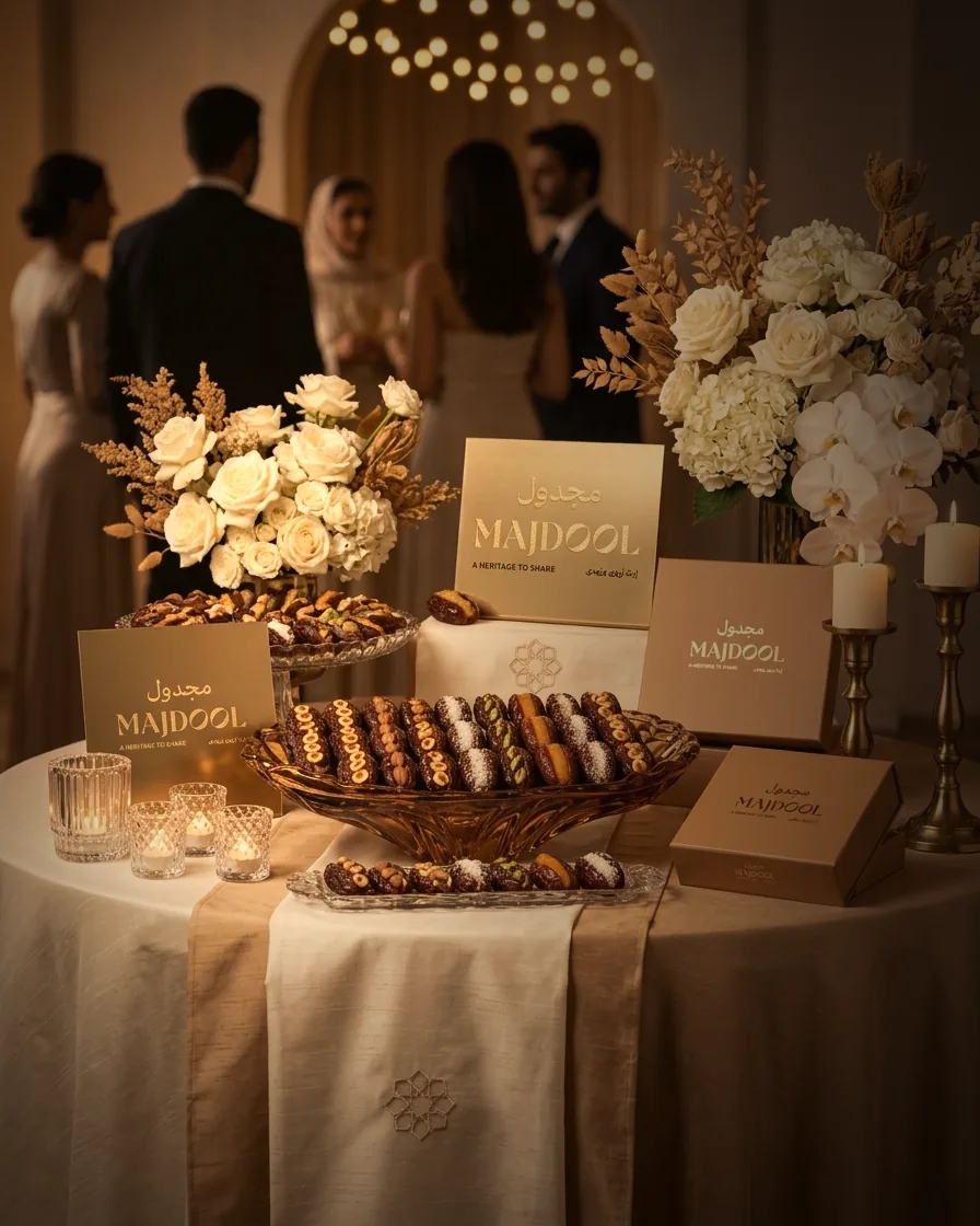 A candlelit Majdool wedding table with filled dates, ivory flowers and gold gift boxes.
