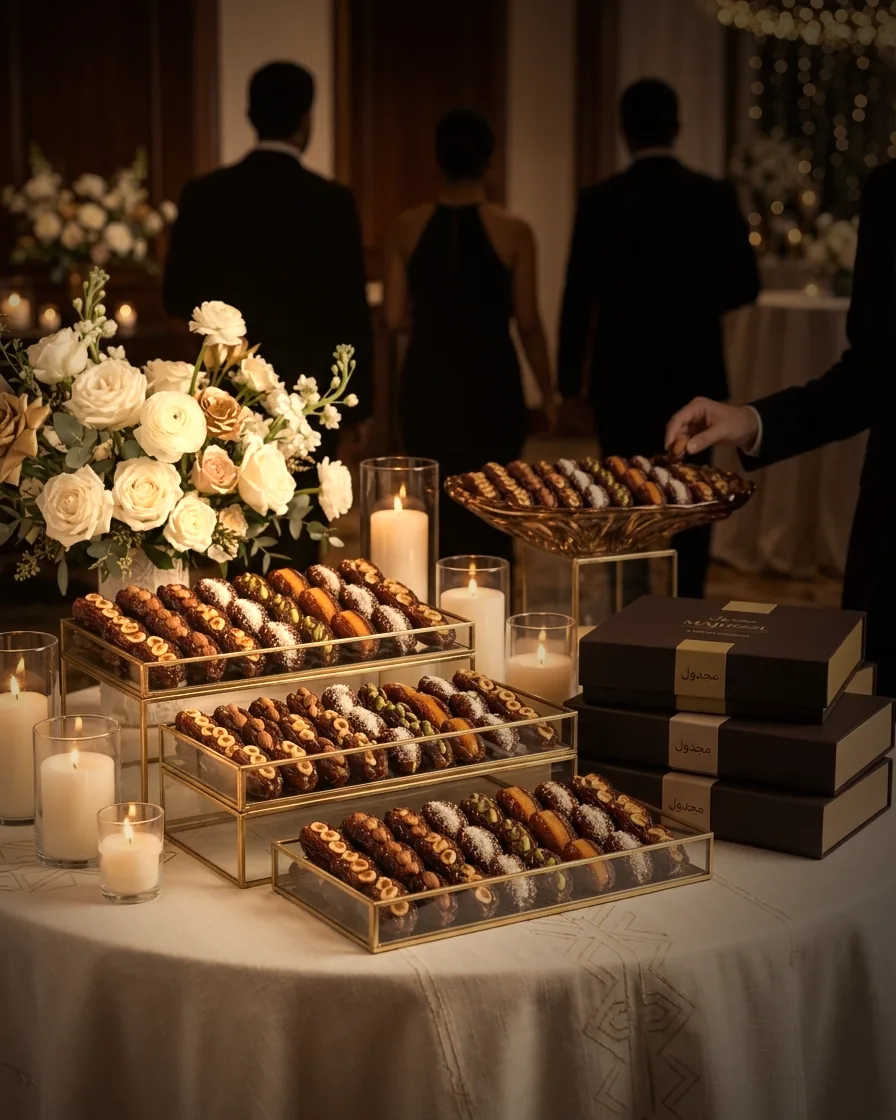 Rows of hand-finished Majdool dates with hazelnut, pistachio, coconut and orange fillings on gold-framed trays.