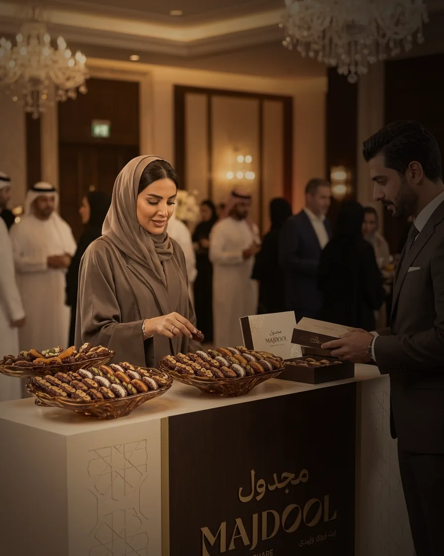 A guest choosing a filled date at a Majdool hospitality counter beneath chandeliers.